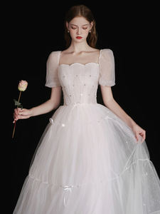 Vestido Blanco <span class=keywords><strong>de</strong></span> Línea A con Cristales Antiestáticos, Nuevo Modelo 2025, <span class=keywords><strong>para</strong></span> Novia, <span class=keywords><strong>Boda</strong></span>, Compromiso, con Velo, Certificado, Mangas Abullonadas, Estilo Dulce - Product Image 1