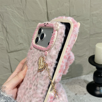 Coque de téléphone Kawaii élégante en peluche imprimé léopard avec oreilles de chat pour iPhone 18 17 Pro Max 16 15 14 13, avec pendentif cœur pompon, protection intégrale