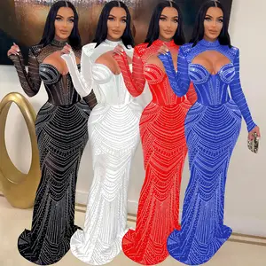 M5696 trendy sexy style dresses rhinestone long sleeve zipper hollow out sheer mesh see through evening dresses