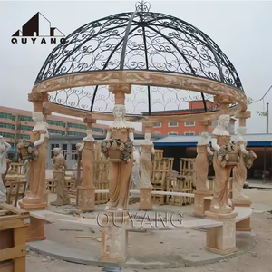 QUYANG al aire libre tallado a mano Pilar <span class=keywords><strong>romano</strong></span> pabellón Metal impermeable techo puesta de sol mármol rojo jardín Gazebo - Product Image 3