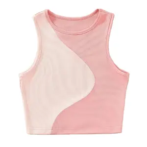 Hot Sale Custom Pink Color Block Women Ribbed Knit Crop Top 95% Cotton 5% Spandex Comfortable Daily Wear Women's Tank Top