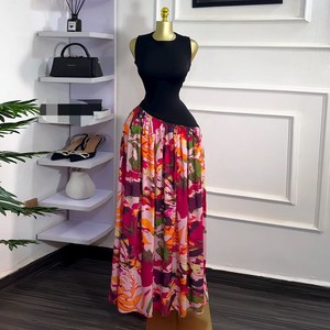 Vestidos de mujer nuevos con estampado, cuello redondo, sin mangas, con pliegues, cintura alta y lazo, estilo línea A, a la moda. - Product Image 6