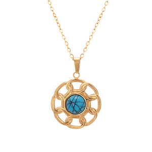 สร้อยคอจี้ไข่มุกรูปดอกไม้เทอร์ควอยซ์ชุบทอง18K แฟชั่นเหล็กไทเทเนียมสีไม่ซีด - Product Image 6