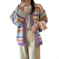 Cardigan en maille de mohair à rayures arc-en-ciel et motifs floraux, décontracté et ample, col en V pour femme, style coréen, nouvelle collection automne 2025, épais