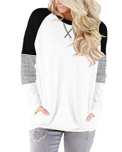 Vente en Gros Stock Haut Basique Régulier pour Dames Contraste Rayé Impression Respirant Slim O-cou Tricoté Long T-shirt avec Poche - Product Image 3