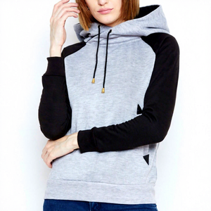 Sudadera con Capucha Gris para Mujer, con Mangas Negras, Color Sólido, Tejida, Informal, para Otoño, Transpirable, Corte Regular - Product Image 3