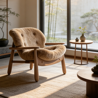 Fauteuil lounge moderne de luxe en peau de mouton, fauteuil d'appoint nordique en bois, fauteuil moelleux en fausse fourrure, canapé simple pour salon