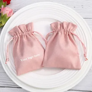 Bolsas rosas de gamuza sintética con impresión de logotipo personalizado, embalaje de joyería, regalo de almacenamiento, terciopelo, bolsa pequeña personalizada, color rosa