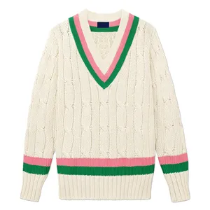 OEM Custom Unisex V Neck Cable Knit Sweater Green Pink Strips Pure Cotton Blend Custom Logo Pullover Sweater