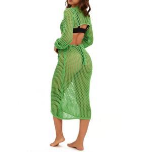 Robe midi en crochet à manches longues avec détail anneau, dos ouvert, sexy, moulante, pour l'été et la plage, pour femme, best-seller - Product Image 2