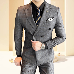 Venta caliente Otoño e Invierno Slim Fit versión coreana conjunto de traje de hombre vestido de novia de novio de negocios a cuadros de tres piezas - Product Image 1