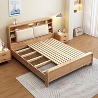 Lit en bois massif moderne et minimaliste avec tête de lit de rangement et tiroirs latéraux, cadre de lit en bois de style nordique avec vérin à gaz pour chambre à coucher