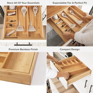 Bamboo Drawer Organizer <b>Storage</b> <b>Box</b> Rectangular Space Saving <b>Kitchen</b> Utensil Holder Desktop Organizer 18L Capacity - Product Image 2
