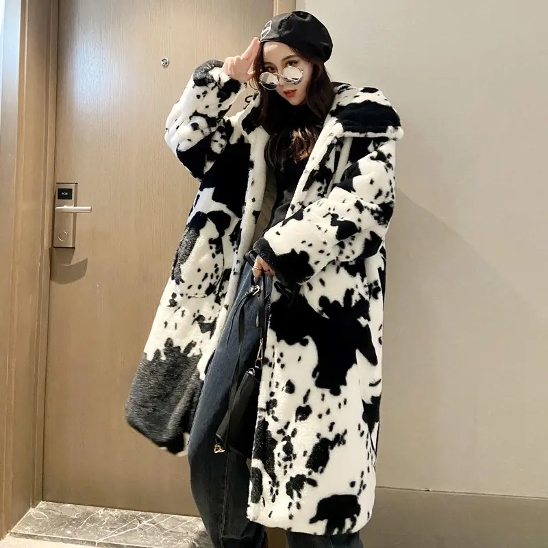 Winter Parka Jacke Kunst pelz Frauen verdickt Kuh Muster Kapuze Pelzmantel verlängert übergroßen Mantel Homme Casual S-XL Größe