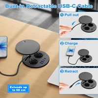 Prise de bureau ronde EU 7-en-1 avec câble USB-C rétractable intégré, PD 35W, 2 prises CA, 2 ports USB-A, couvercle magnétique pour la maison, le bureau, les salles de conférence, OEM
