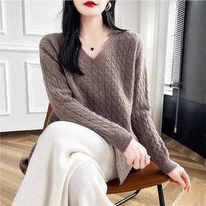 Nouveau pull pull à col en V pour femmes, pull ample décontracté, chemise à manches longues de couleur unie - Product Image 2