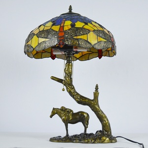 LongHuiJing 16Inch Dragonfly Tiffany Stained Glass LED Mediterranean Dome Lamp AC Resin Horse Carrying Kid Base Home Table - Product Image 4