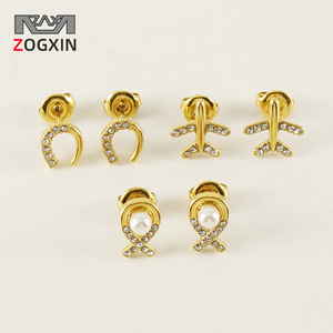ZOGXIN Stud Earrings 18K Gold Plated Pearl Cross U-Shaped Airplane Design For Women Fashion Jewelry Gift - Product Image 1