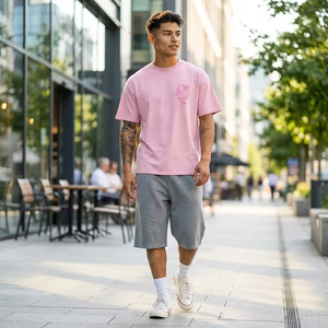 Camiseta Rosa Minimalista Personalizada de Algodón 100% de Alto Gramaje para Hombre, Estilo Urbano Japonés con Gráfico de Dragón, Ajuste Holgado, Tallas Grandes - Product Image 4