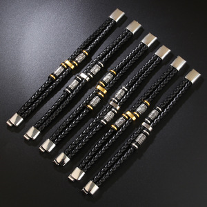 Bracelet Viking Nordique en Acier Inoxydable Doré, Double Chaîne en Cuir Tressé, Bijou Géométrique pour Homme, Cadeau - Product Image 4