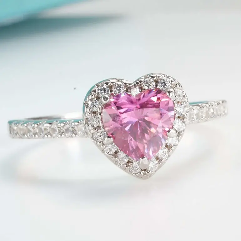 Nueva moda 925 Plata Rosa corazón 1 Ct Moissanite joyería anillo de compromiso aniversario mossanite anillo