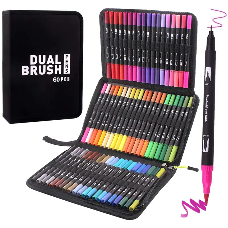 Stylo marqueur d'art permanent à double pinceau 60 couleurs mélangées pour enfants et adultes ensemble de stylos marqueurs de couleur pour lettrage et peinture