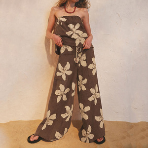Ensemble pantalon et haut en lin et coton, style décontracté, imprimé floral, coupe ample, sans bretelles, design d'usine, personnalisable - Product Image 1