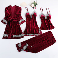 Set Loungewear Wanita Mewah Beludru 4 Potong OEM ODM, Gaun Tidur Seksi dengan Bra Terintegrasi, Renda, Pakaian Rumah, Pabrik