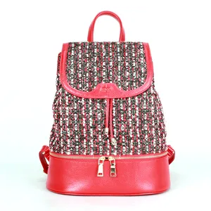2021 cow genuine leather+Woven fabric red backpack