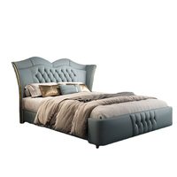 Lit Double Moderne de Luxe Léger en Chêne Écologique, Rembourré en Cuir Véritable, 1,8 m, avec Cadre en Bois Massif et Boîte de Rangement Haute sur le Côté
