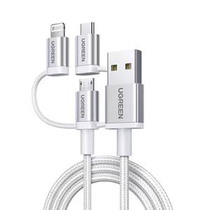 Câble <span class=keywords><strong>USB</strong></span> de charge rapide UGREEN <span class=keywords><strong>3</strong></span>-en-1 avec connecteurs Type-C, Micro <span class=keywords><strong>USB</strong></span> et <span class=keywords><strong>Lightning</strong></span>, certifié MFi, en nylon tressé pour iPhone 17, 16, 15, 14 Pro Max - Product Image 1