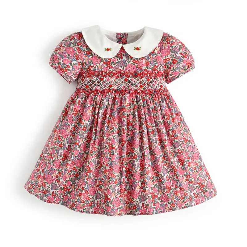 Personalizado verano Vintage Boutique mano Smocked bebé niña vestidos de algodón Floral niños ropa bordado vestidos vestido para niños