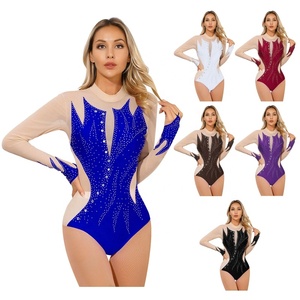 Justaucorps de danse pour femme à manches longues, col montant, en maille, orné de strass, motif flamme, coupe haute, pour spectacle sur scène, personnalisé - Product Image 1
