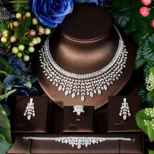 Elegant Leaf Water Drop Big Necklace Earring Sets <b>Cubic</b> <b>Zirconia</b> Jewelry Sets for Dubai Women Bridal Wedding Party Gifts S-313 - Product Image 2
