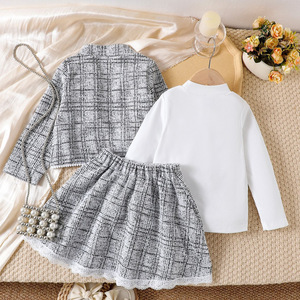 Ensemble de vêtements pour filles <span class=keywords><strong>d</strong></span>'automne et <span class=keywords><strong>d</strong></span>'<span class=keywords><strong>hiver</strong></span>, pull en tricot à manches longues, jupe courte à carreaux, chapeau - Tenue 3 pièces pour petite fille - Product Image 2
