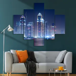 Paneles de decoración para sala de estar, pinturas modernas de paisaje nocturno de ciudad, impresiones en lienzo con marco interior, 5 uds.