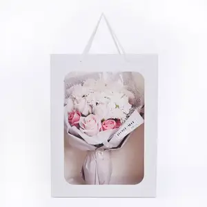 Wholesale Creative Waterproof Flower Paper Pink Gift Bag Bouquet Handbag With Pvc Transparent Window