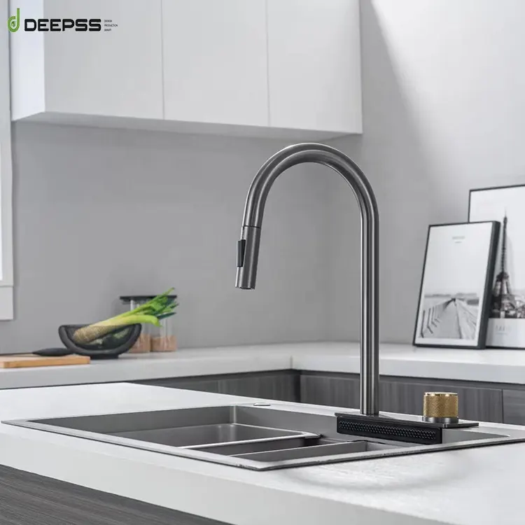 DEEPSS 304 stainless steel modern double bowl kitchen sinks pull out mixer kitchen sink with waterfall faucet