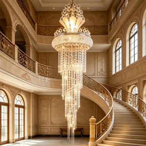 Lustre en cristal doré de luxe personnalisé, grand luminaire suspendu à plusieurs niveaux avec abat-jour en forme de bol pour villa - Product Image 6