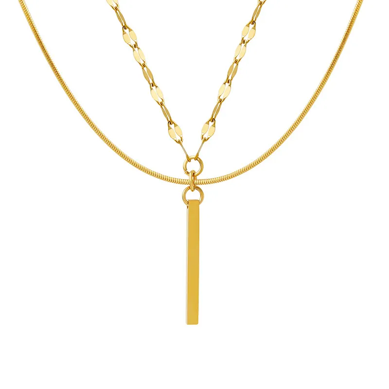 Dainty Stainless Steel Long Bar Pendant Necklace Jewelry Designer 18K Gold Plated Layered Snake Bone Necklace
