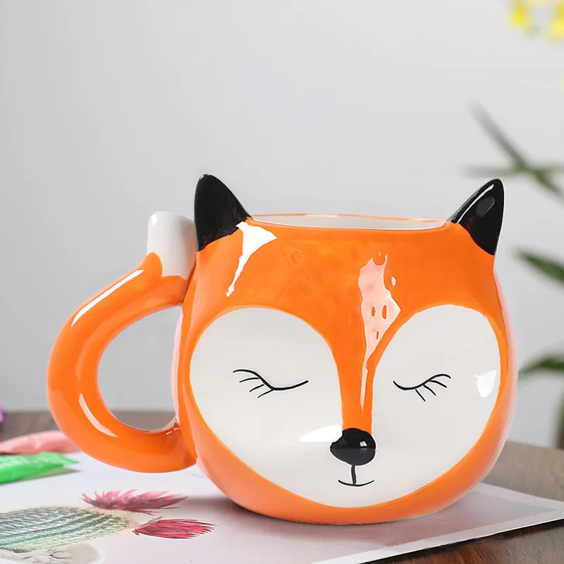 SYL Creative ceramic mug cartoon cute 3D relief animal ceramic cup Fox breakfast office coffee water cup