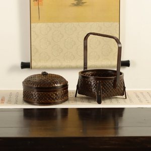 Handmade Rattan Woven Basket Round Double Layer Food <b>Container</b> With Handle Standing Type Home Use - Product Image 4