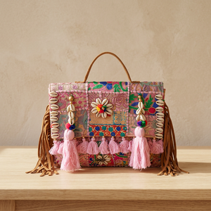 Bolso de Mano Ligero de Cuero Genuino con Cierre de Cremallera y Correa para el Hombro, Diseño Cultural Indio, Artesanía, Regalos, Accesorios - Product Image 1