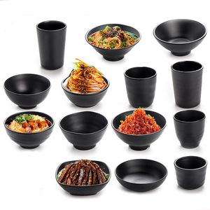 Melamine Tableware <b>Set</b> Black Round Bowls <b>Cups</b> Durable Dinnerware For Daily Use Food Serving - Product Image 1