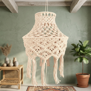 Bohemian Macrame <b>Lampshade</b> Handmade Cotton Pendant Light Cover Geometric Shape Tassels Indoor Living Room Home Decor - Product Image 3