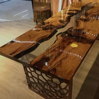 Table à manger en noyer massif avec plateau en résine transparente, design moderne et antique, extensible, pour salle à manger, usage domestique ou atelier