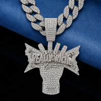 Collier chaîne cubaine avec pendentif poing surélevé en alliage et strass, style Iced Out, motif main puissante, bijoux Hip Hop, en stock, vente en gros