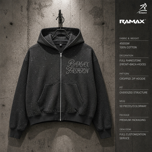 RAMAX 450gsm Schwergewichtiger Voll-Strass-Hoodie Schwarz mit Reißverschluss und Schriftzug-Logo Y2K Streetwear Herren OEM Fabrik MOQ 50 Stück - Product Image 1