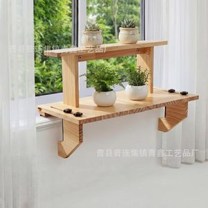 Adjustable Wooden Double Layer Windowsill <b>Shelf</b> <b>Wall</b> <b>Mounted</b> No Drilling Required For Indoor Outdoor Plant Display Storage - Product Image 1