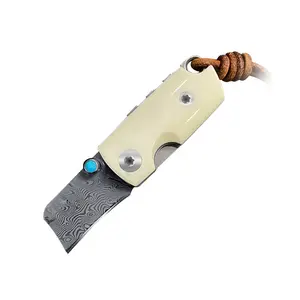 Cuchillo plegable de acero damasco, mango de hueso bovino turquesa, alta calidad, 110